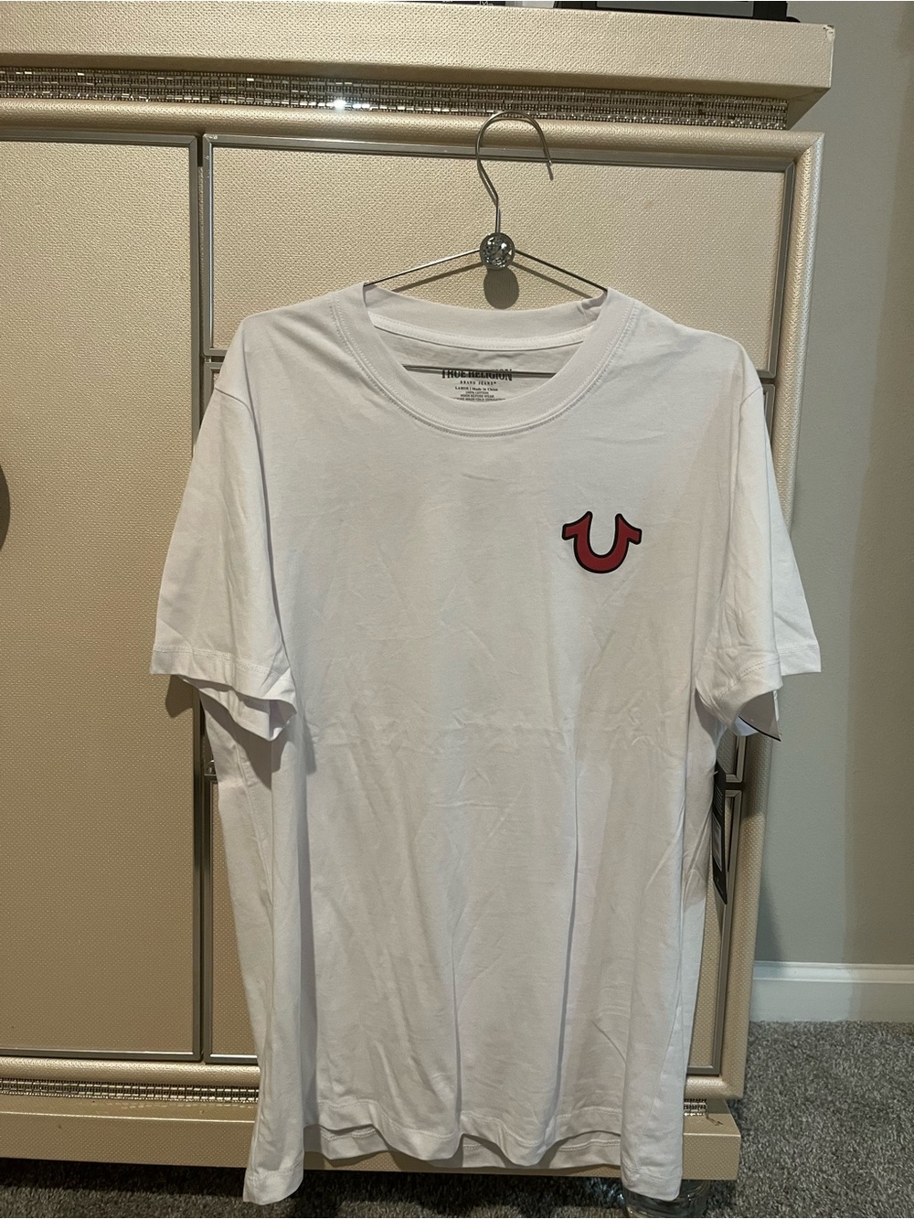 True Religion White Short Sleeve Tee with Red Horseshoe Logo